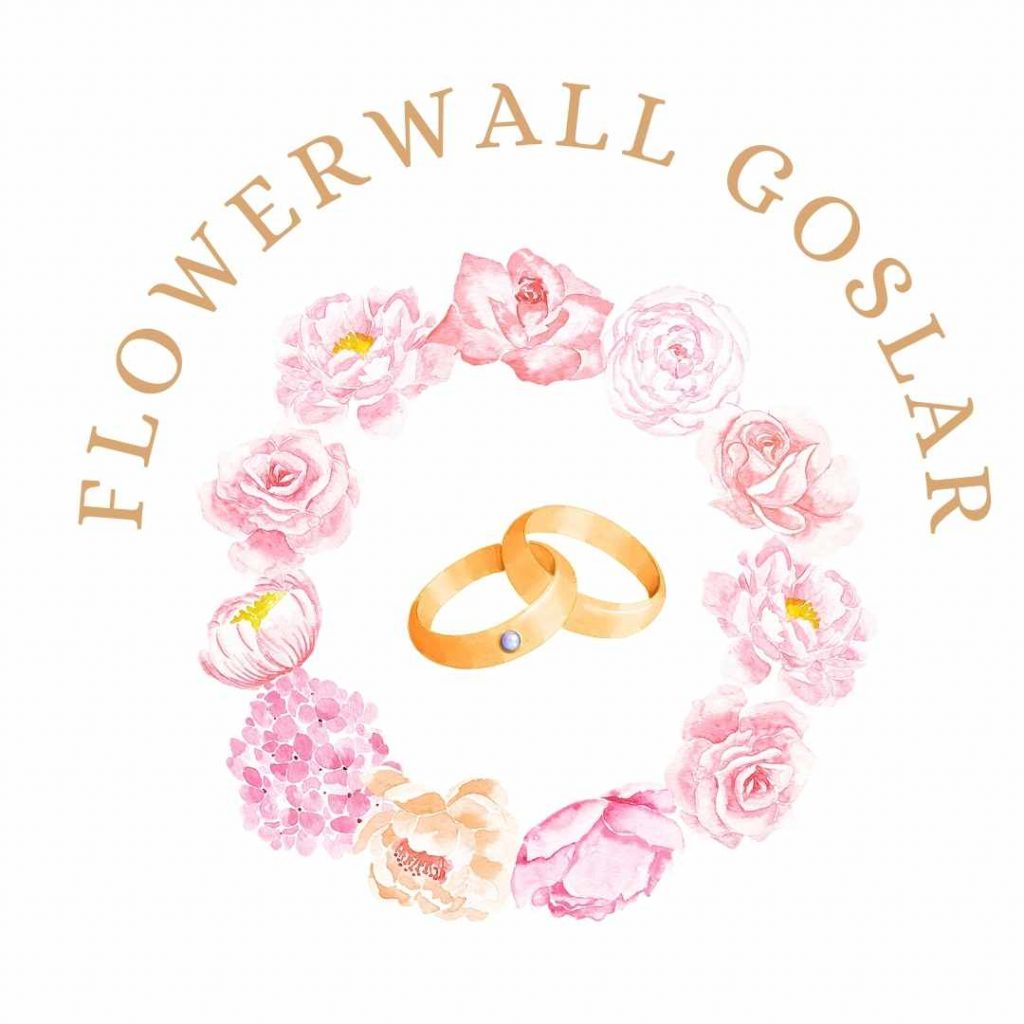 Logo Flowerwall Goslar Hauptlogo mit Schriftzug und Blumenkranz mit Hochzeitsringen in der Mitte